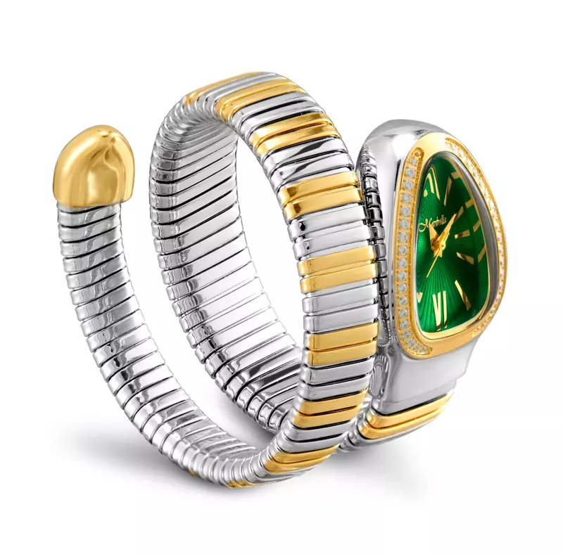Jam Tangan Bentuk Ular Klasik untuk Wanita Gelang Emas Perak Dapat Skala Jam Tangan Wanita Jam Tangan Kuarsa Berlian Bling