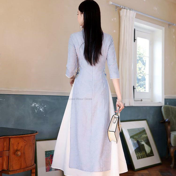 Improved Qipao Dress Chinese Style Women Graceful Slim Tea Art Dress Ao Dai Dress Tangsuits Dress Chiffon Retro Cheongsam