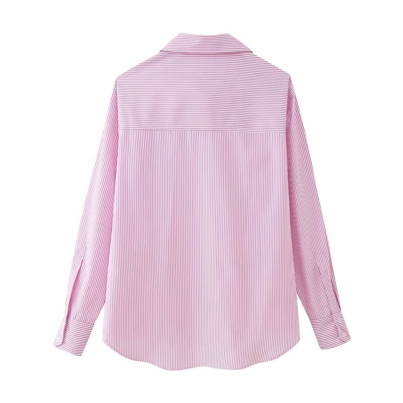 Women's 2024 New Fashion Casual Joker Loose Version Pocket Striped Blouses Retro Long-sleeved Button-down Shirts Chic Tops