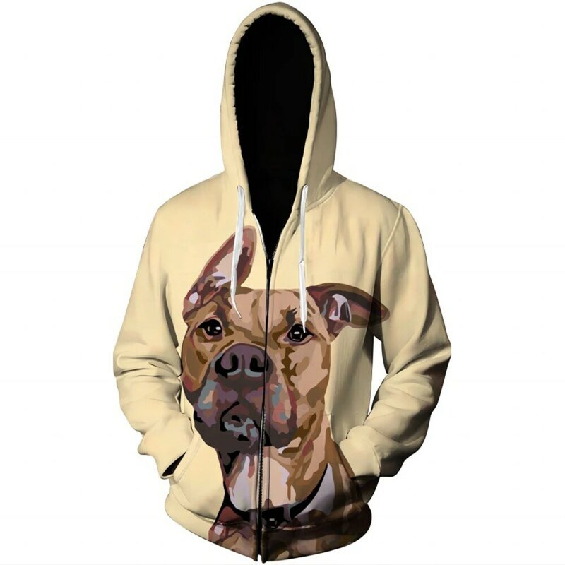 2023 New Men's Handsome and Minimalist Dog Print 3D Zippered Hoodie Sweater Casual Versatile Retro Animal Pattern Hoodie