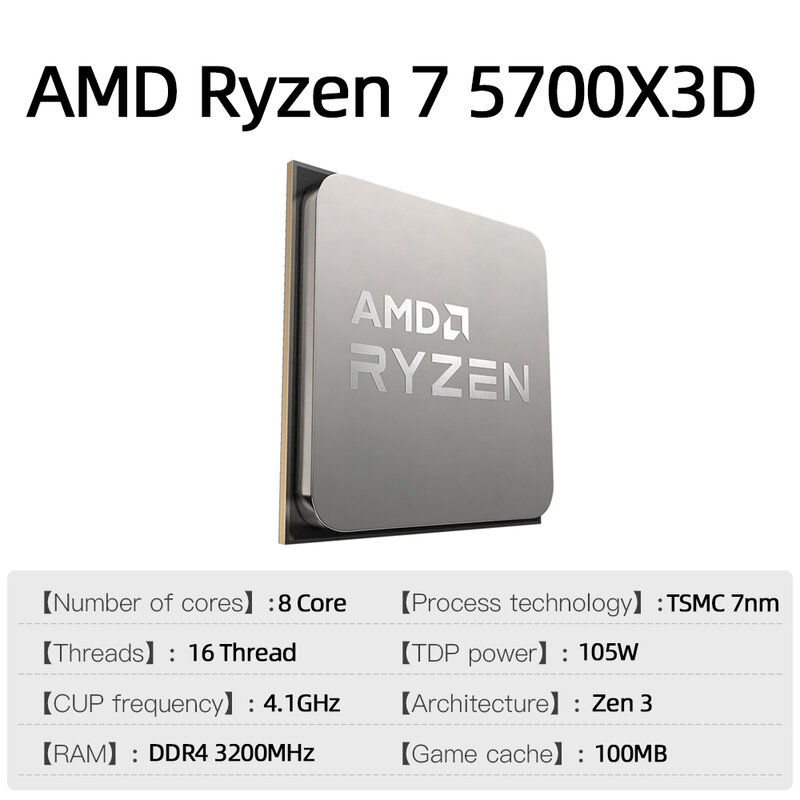PROCESADOR AMD Ryzen 7 5700X3D para juegos, CPU de 8 núcleos, 16 hilos, 4,1 GHz, 7NM, 100MB, toma de juego, AM4, 2024