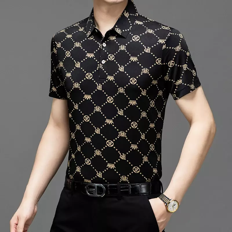 Summer Short Sleeved T-shirt, Men's Flip Collar, Ice Silk Thin, Loose, Casual, Trendy and Fashionable Print