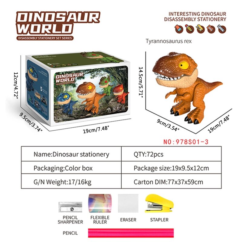 Dinosaurio de dibujos animados 5 en 1, papelería, Tiranosaurio Rex, conjunto de dragón de doble corona