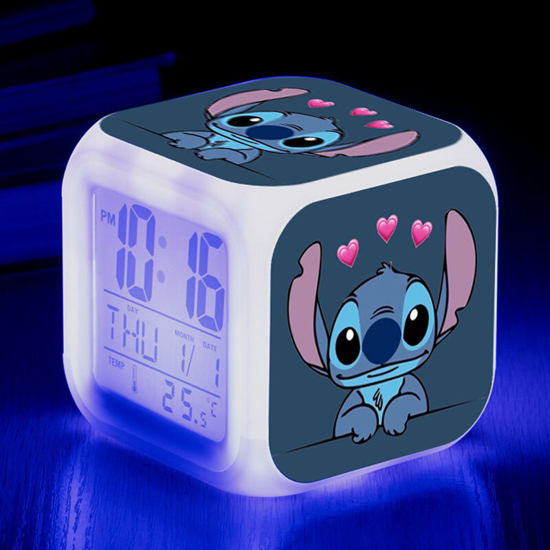 Disney Lilo Stitch Alarm Clock Growing LED Color Change Digital Light PVC Action Figure Toys for Kids Birthday Gift