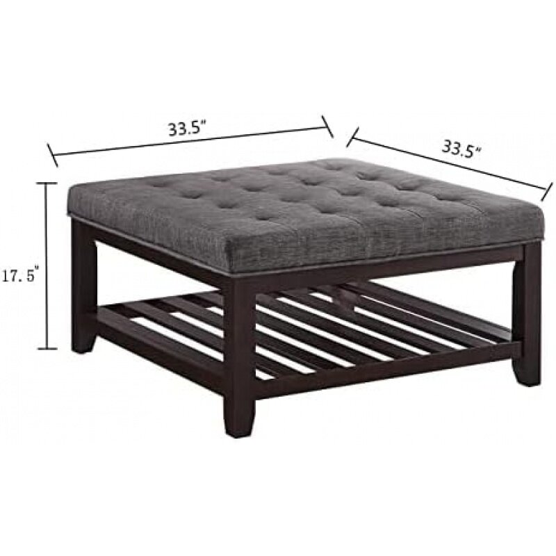 Table basse en lin touffeté avec étagère en bois massif, grandes solutions carrées, repose-pieds, gris foncé, 24kF