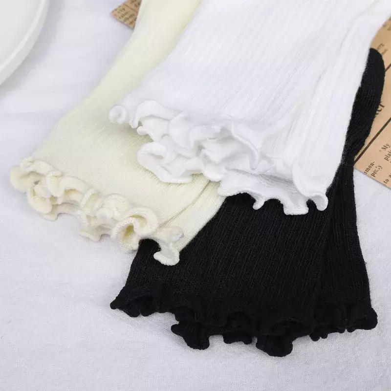 Calcetines tobilleros de algodón con volantes para mujer, medias de estilo Lolita, Kawaii, coreano, negro y blanco, Primavera, 1/2/3 pares