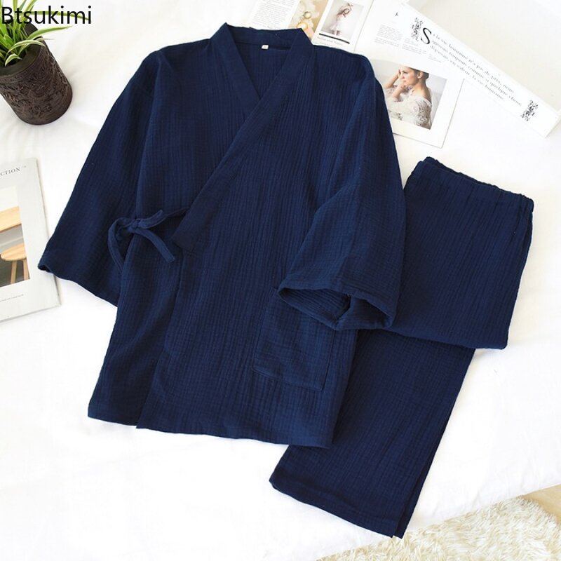 2024 Japanese Kimono Men's Solid Pajamas Two-pieces Simple Cotton Crepe Cloth Plus Size Lace-up Tops Trousers Home Service Sets