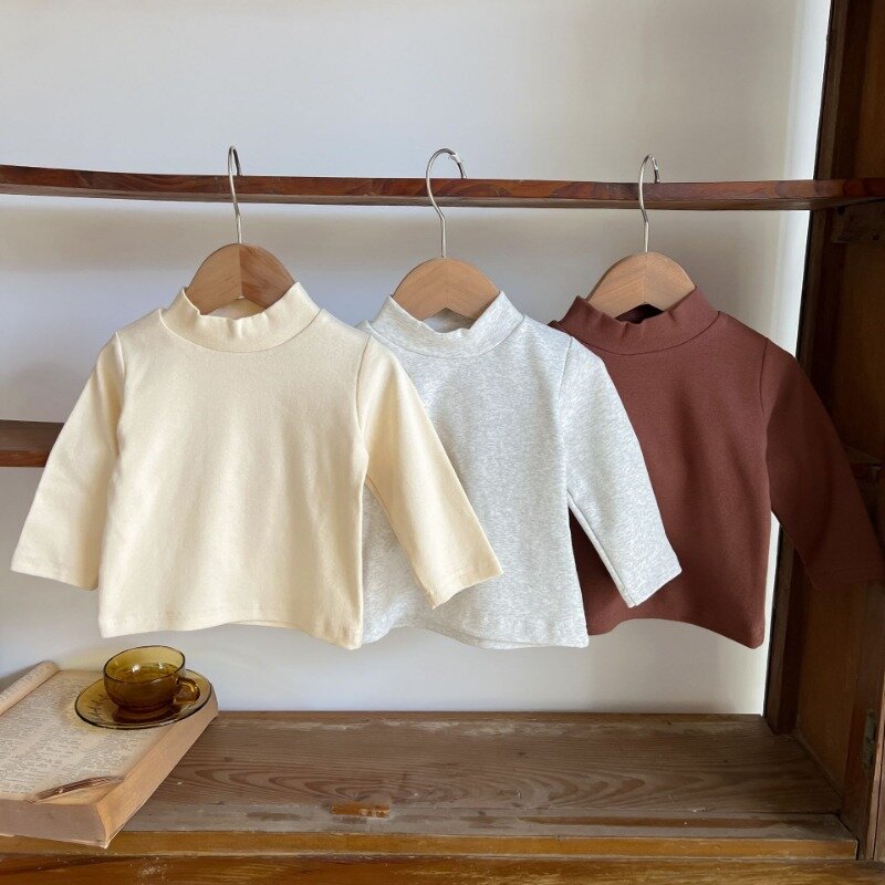 여아용 코튼 티셔츠, 긴 소매, 하이넥, 따뜻한 보터밍 셔츠, 캔디 컬러 상의, 2024 가을