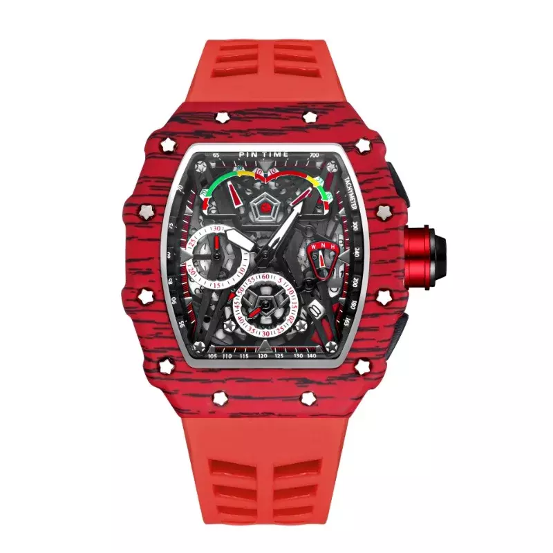 Мужские спортивные часы с хронографом, красные наручные часы с резиновым ремешком и автоматической датой, 2024