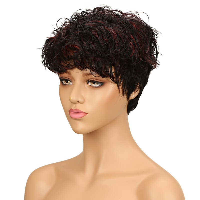 Lekker wig rambut manusia potongan Pixie pendek 99J sorot merah untuk wanita rambut Remy Brasil wig modis berwarna murah