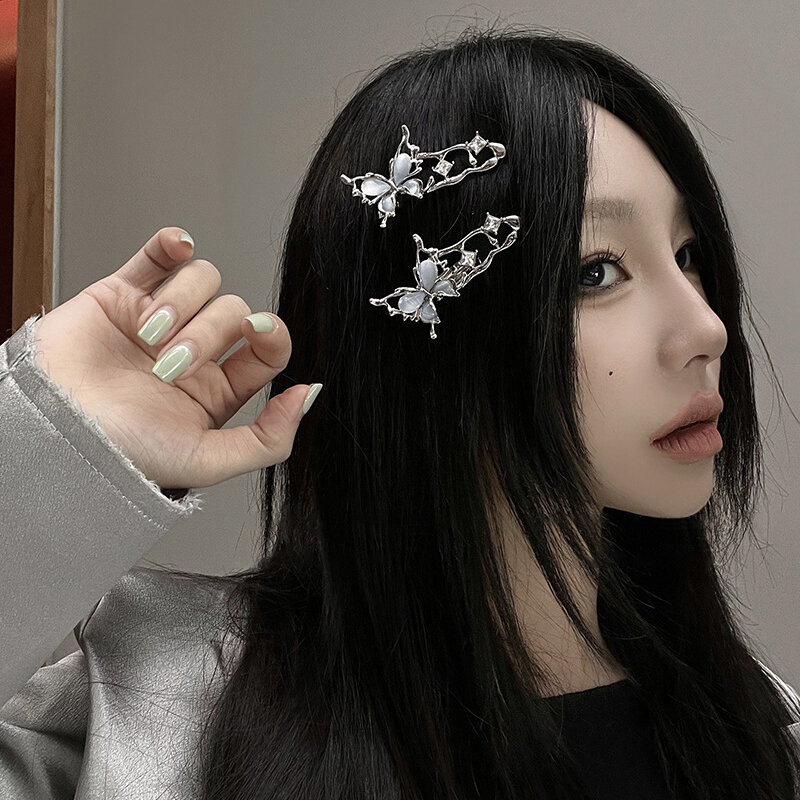 Y2K Irregular Liquid Metal Hairpin Butterfly Zircon Hair Clips Girl Fashion Silver Bang Clip For Women Hair Accessories