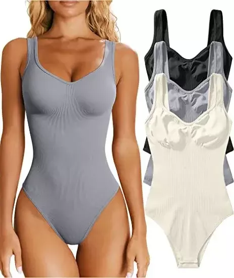 2023 Seamless Bodysuit Shapewear Women Square Neck Tummy Control Thong Body Shaper Sexy Ribbed Tank Tops Slimming Jumpsuit