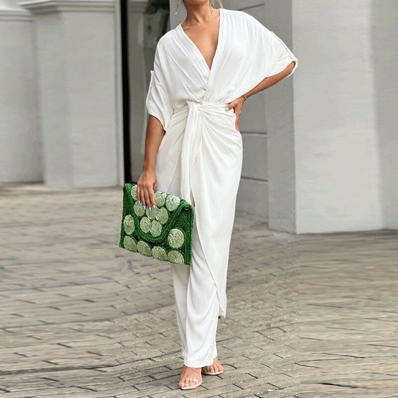 Zestaw spodni damska moda wiosenna na co dzień elegancka rękawy typu nietoperz nieregularna dekolt w szpic narzutka z koronki w jednolitym kolorze proste spodnie 2 sztuki