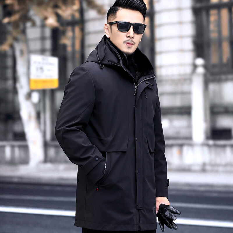 Tcyeek – manteau d'hiver mi-long en fourrure De vison pour homme, Parka chaude, coupe-vent