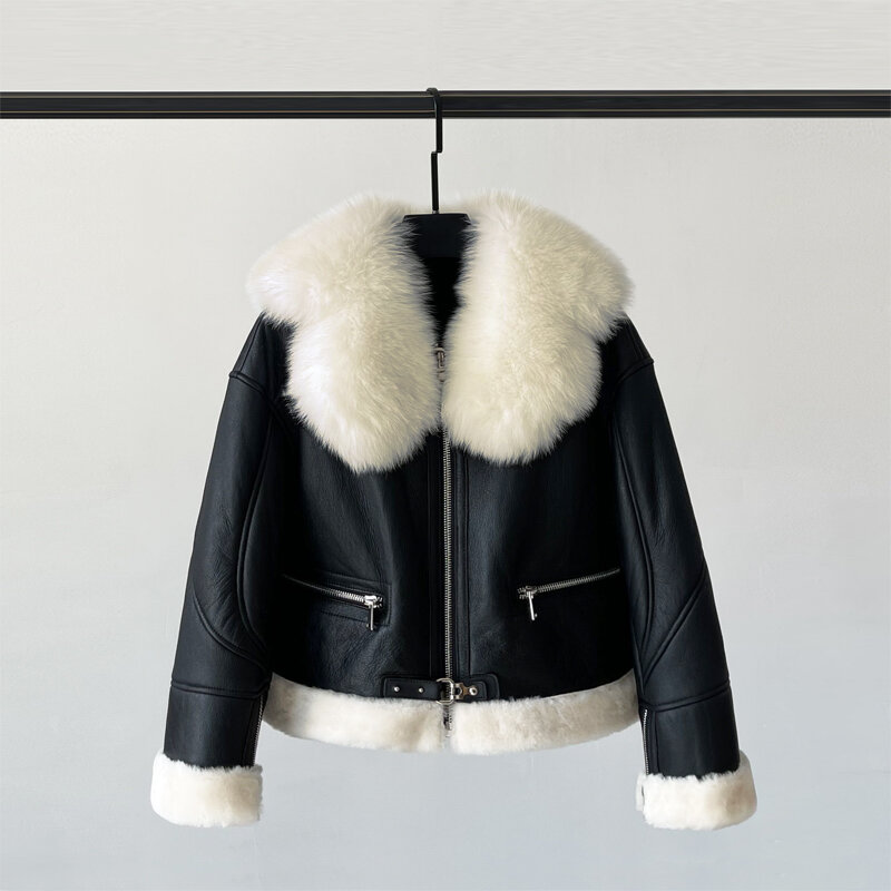Ayunsue casaco de pele de lã real feminino inverno quente gola de pele de raposa jaqueta de pele de couro genuíno motociclista casacos de pele natural