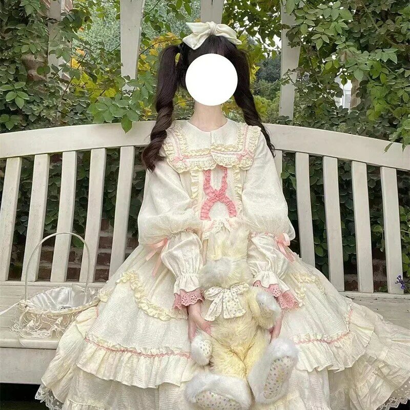 Sukienki w stylu lolity wiktoriańska średniowieczna słodka Retro sukienka z długim rękawem słodka księżniczka codziennie weselne dla dziewczynek urocza impreza przedsionek jesień