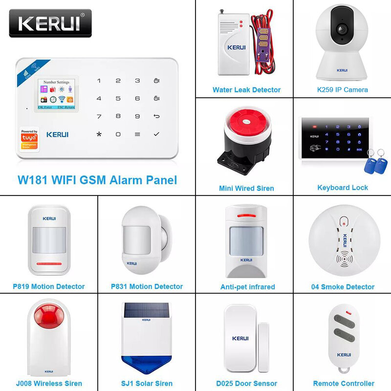 KERU-Home Security Alarm System, Wi-Fi, GSM, Smart Tuya App Control, 1.7 polegadas tela colorida, sirene solar sem fio, Kit Detector Infravermelho