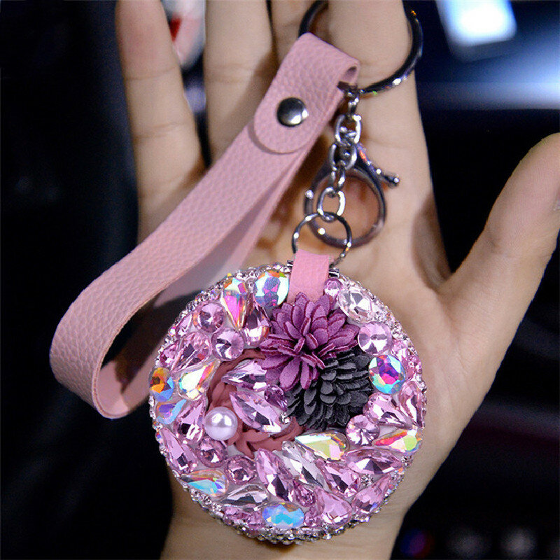 Kreative diamant kamelie make-up spiegel auto keychain kreative runde kleine spiegel tasche anhänger tragbare make-up geschenk