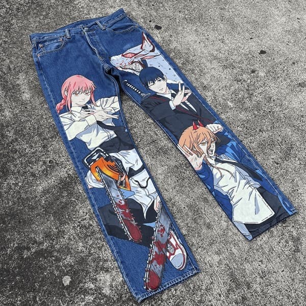 Celana Jeans Harajuku Anime Streetwear Y2K untuk pria, celana panjang lebar grafis kaki lebar, celana jeans wanita pinggang tinggi gaya Jepang baru