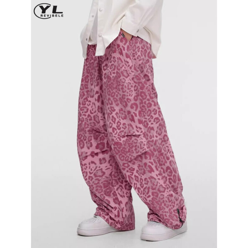 Pink Leopard Print Sweatpants Men Women American Hip-hop Baggy Parachute Pants Retro Street Casual Straight Cargo Trousers 2024