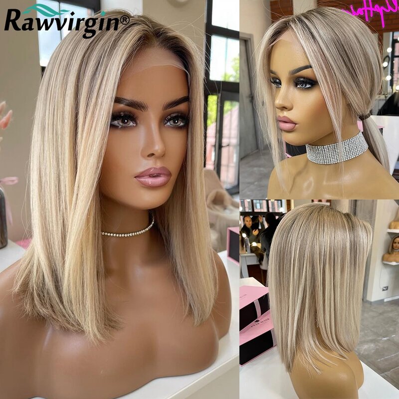 13x4 Ash Blonde Highlight Lace Front Wig Short Straight Bob Brown Human Hair Wigs HD Transparent Lace Frontal Wigs Preplucked