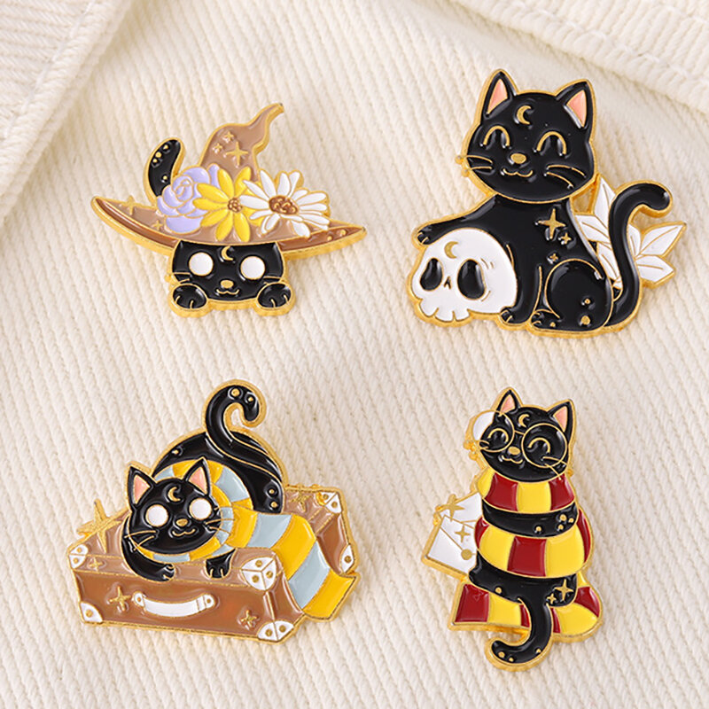 귀여운 작은 검은 고양이 브로치, 섬세한 달 고양이 브로치, 동물 브로치, 흰색 고양이 브로치, 펑크 검은 고양이 브로치, 커플 고양이 핀