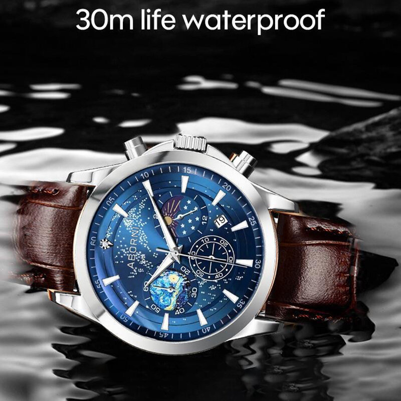 ABORNI jam tangan olahraga pria kasual kuarsa tahan air mewah jam tangan kalender bercahaya jam tangan bisnis kronograf