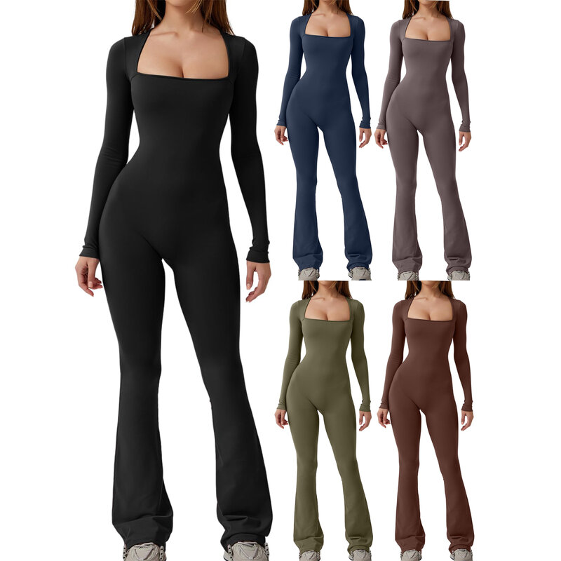 HEZIOWYUN Women's Casual Sporty Basic Jumpsuit Long Sleeve Low Cut Square Neck Solid Color Slim Fit Ladies Fall Rompers Clubwear