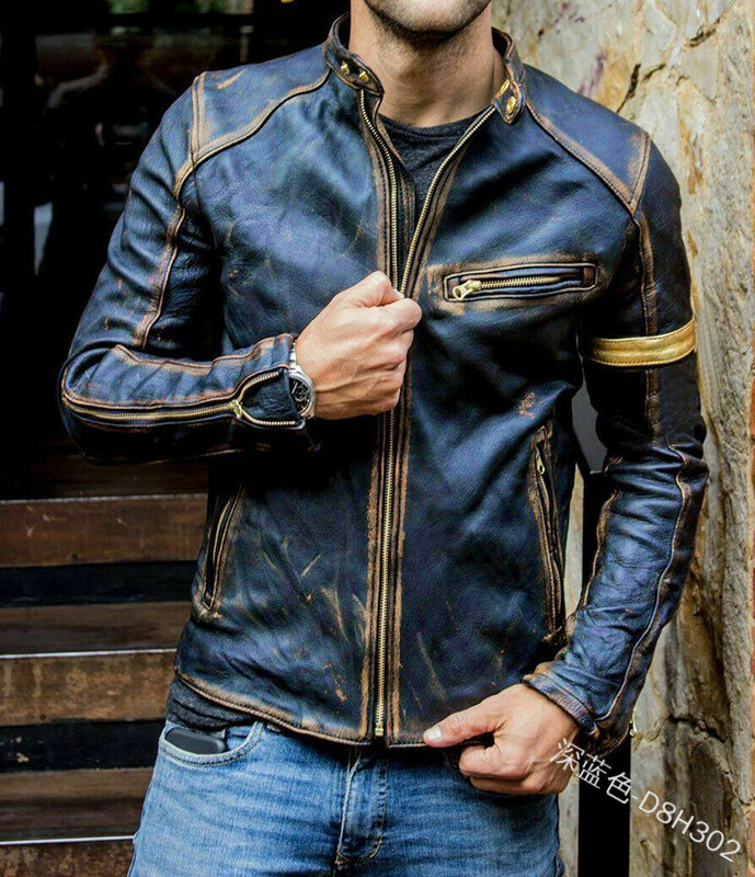 Beauty-chaqueta de cuero con cuello levantado para hombre, chaqueta de cuero para motocicleta, estilo Punk, juvenil