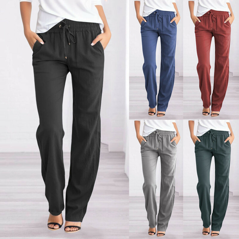 Pantalones largos de pierna recta para mujer, pantalón informal de algodón con cordón elástico, cintura alta, Color liso