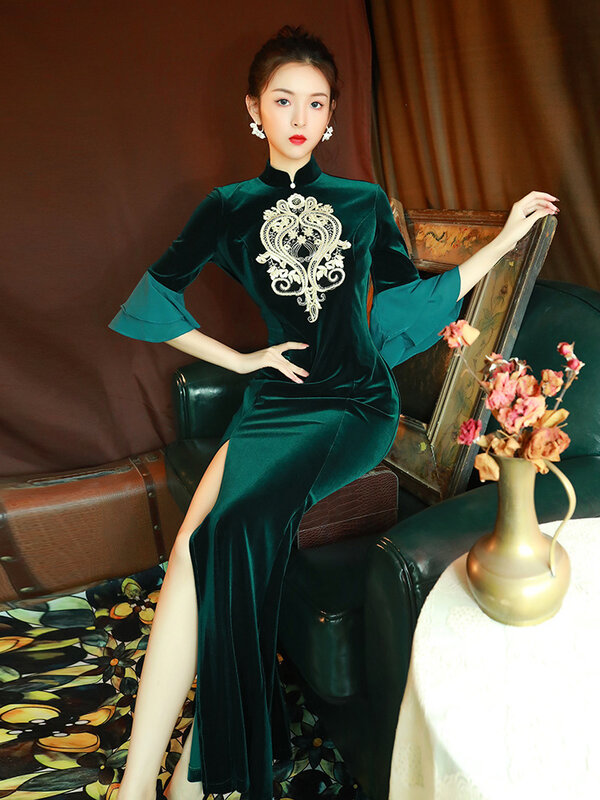 Gaun pesta malam tradisional wanita, ukuran besar 4XL 5XL bordir bunga Cina Qipao seksi terpisah tinggi Cheongsam
