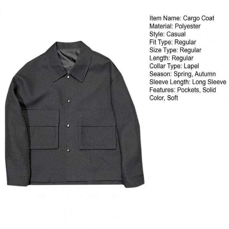 Wiosenna jesienna płaszcz męski Cargo jednolity kolor z długim rękawem męska kurtka kołnierz na dół jednorzędowa odzież wierzchnia Streetwear