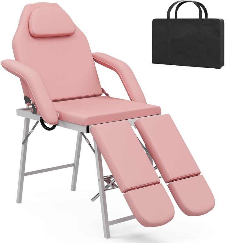 Przenośne fotel do tatuażu rozdwojone nogi dla klienta, składany krzesło Spa wielofunkcyjny stół do masażu z torbą do przechowywania, różowy