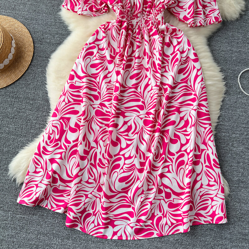 Vintage Plissee V-Ausschnitt High Taille Print Kleid Kurzarm Chic Sommer Strand Vestidos Frauen Urlaub Sommerkleid Kleider