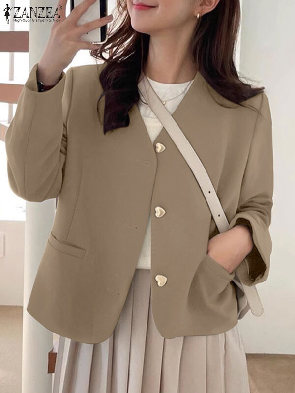 Casualowe w stylu Streetwear marynarka ZANZEA koreańska modne płaszcze jesienna dekolt kurtki z długim rękawem damska elegancka garnitury biurowe 2023