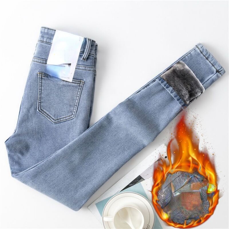 Women's Jeans 2023 Autumn And Winter High-Waisted Slim Stretch Plus Velvet Thickened Pencil Pants Basic Skinny Denim Trousers