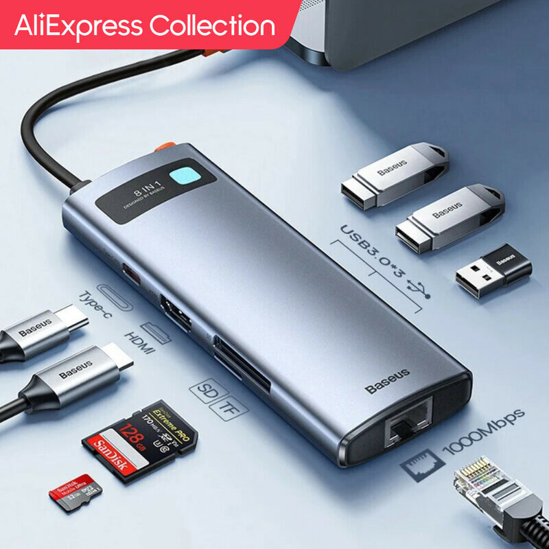 Koleksi AliExpress Baseus 4K 60Hz USB C Hub Tipe C ke Port Ethernet PD 100W adaptor untuk Macbook Pro USB 3.0 Hub Laptop Tablet