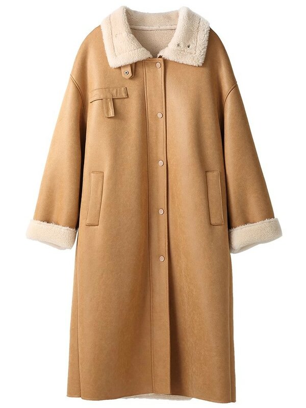 Mantel wol hangat wanita, mantel panjang kulit imitasi berkancing sebaris, jaket panjang kerah berdiri, mantel wanita musim dingin