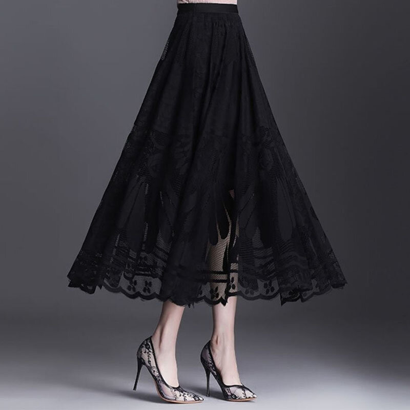 Elegante saia de malha de renda emendada feminina, com elástico na cintura alta, casual roupas cor sólida, moda feminina, outono