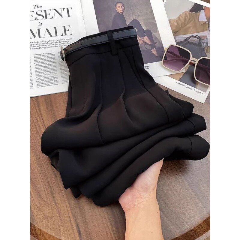 Deeptown pantaloni eleganti neri larghi da donna abbigliamento da ufficio pantaloni Casual dritti a gamba larga pantaloni a vita alta moda coreana
