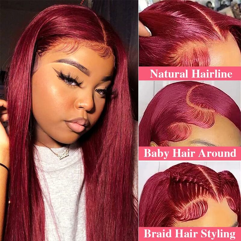 200% Gęstość 26Inch 13x6 Lace Front Wigs Human Hair Red Wigs Straight 99J Burgundy Lace front wigs human hair Pre Plucked