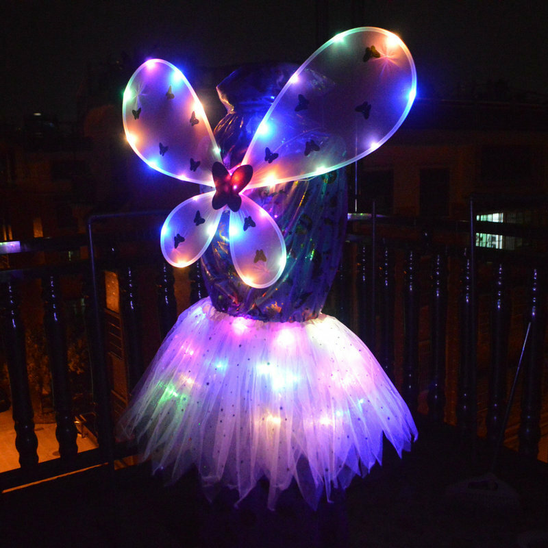 New Colorful Light-emitting Butterfly Wings Cartoon Wings Children's Angel Wings Elf Light-emitting Skirt 2pcs Kids Party Props