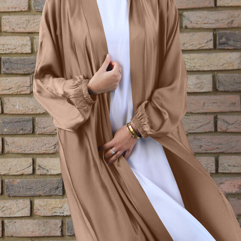 Woman Bubble Satin Cardigan Robe Dubai Long-sleeved Dress Turkey Fashion Clothes Tops for Muslim Women Turkish Tunic Muslim Coat