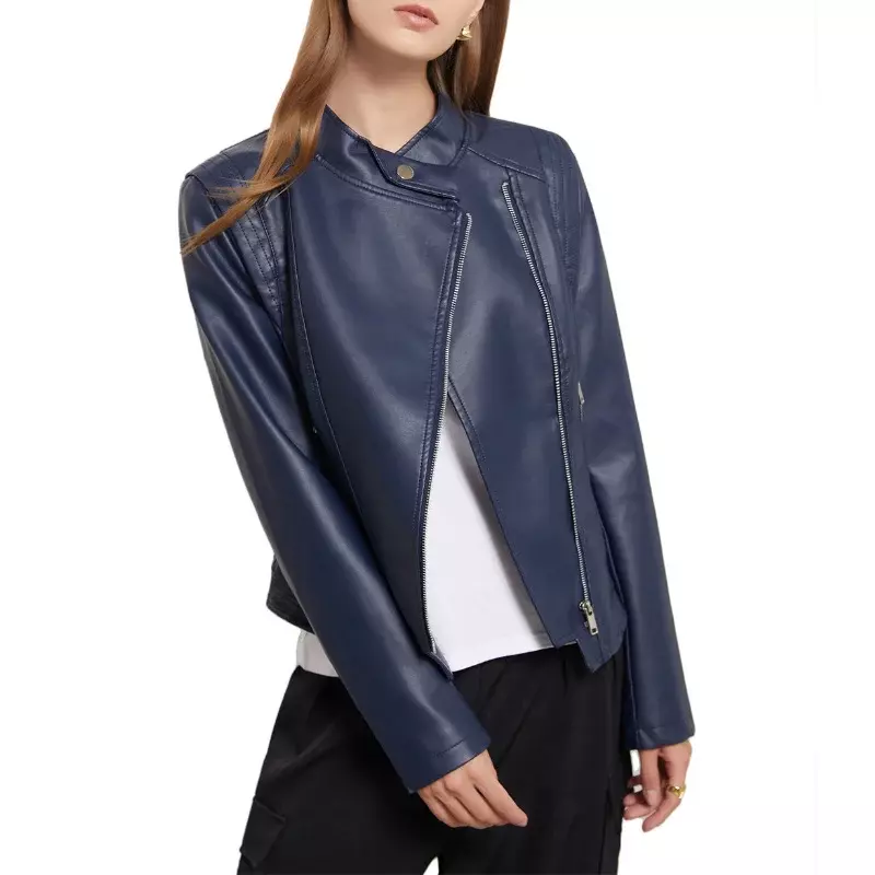 Куртка BTQWFD женская с отложным воротником, мотоциклетный пиджак из искусственной кожи с длинным рукавом, модная однотонная осенняя одежда, 2024
