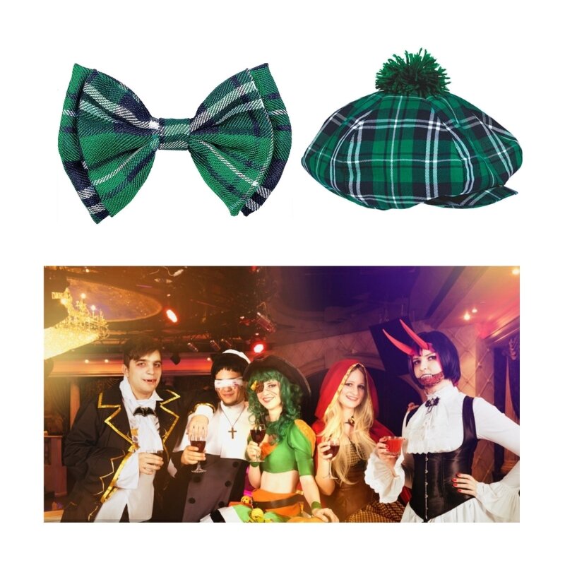 Y166 Adult Children St. Patricks Day Bowtie Painter Hat Set for Holiday Parades