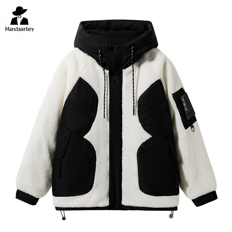 Piumino alla moda patchwork di cashmere di agnello giacca con cappuccio allentata versatile giapponese top invernale da uomo in grafene heat storage