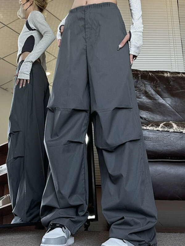 QWEEK-Calça larga larga larga feminina, calça jogger casual coreana de perna larga, calça cargo vintage, dobras, moda de rua alta, Y2K