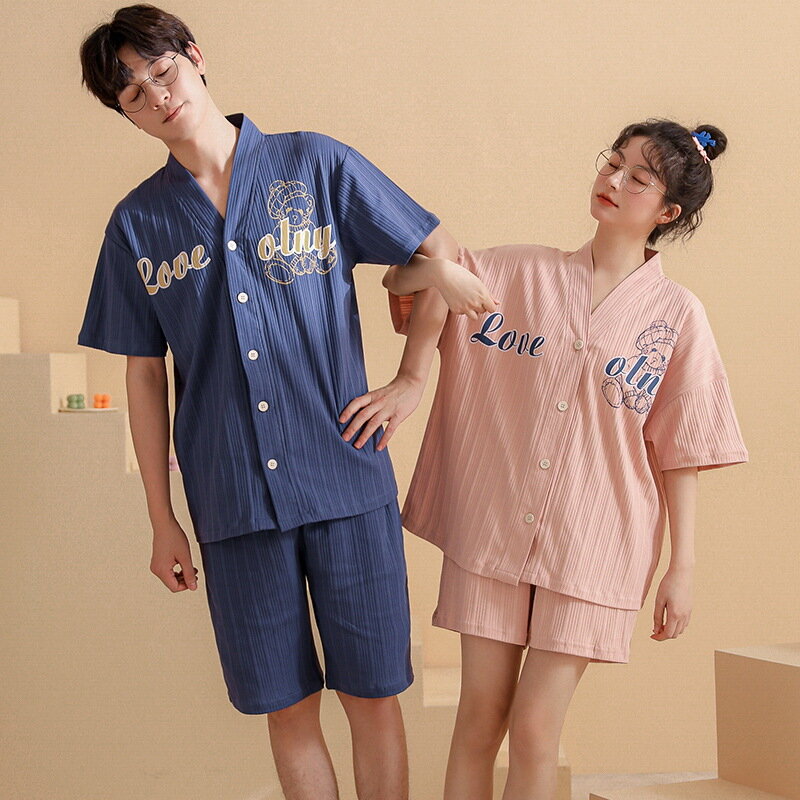 Nieuwe 3XL Mode Pyjama Voor Paar Zomer Zachte Katoenen Kimono Stijl Nachtkleding Man En Vrouw Vrijetijdsbesteding Pijama Loungewear