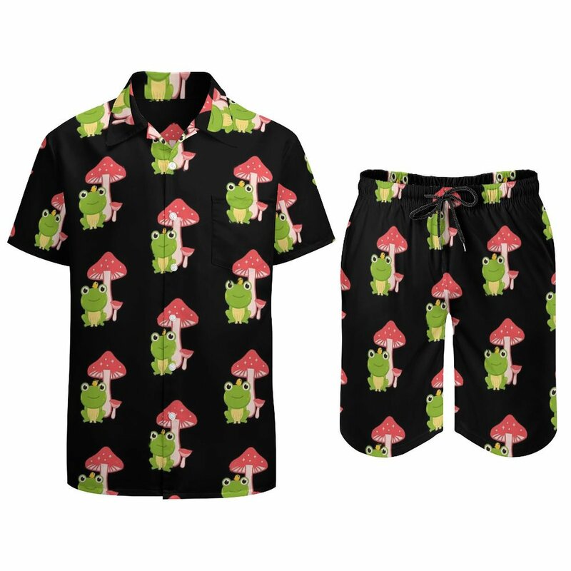Мужской комплект из 2 предметов, Повседневная рубашка с принтом грибов и лягушек, винтажные шорты для фитнеса и активного отдыха