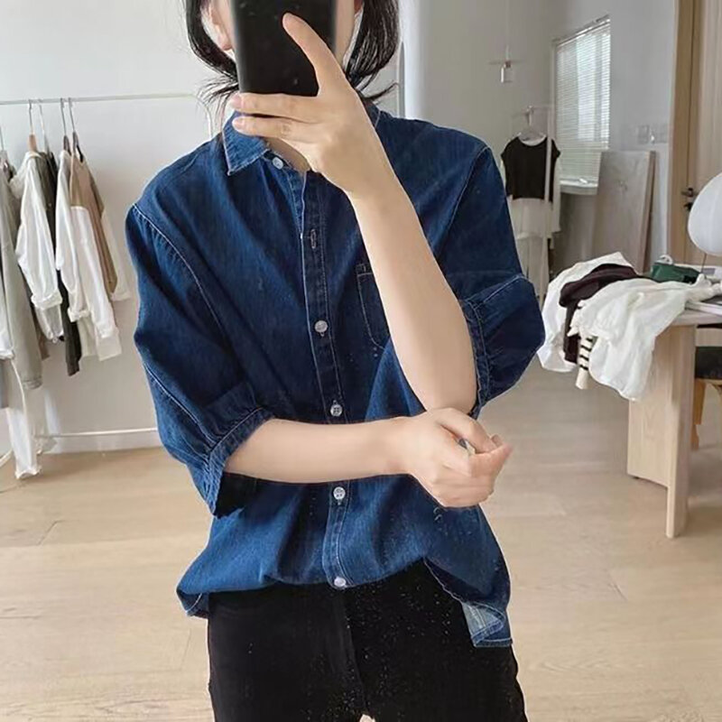 Fashion Lapel Button Pockets Lantern Sleeve Denim Shirts Female Clothing 2024 Summer New Loose All-match Tops Casual Blouses